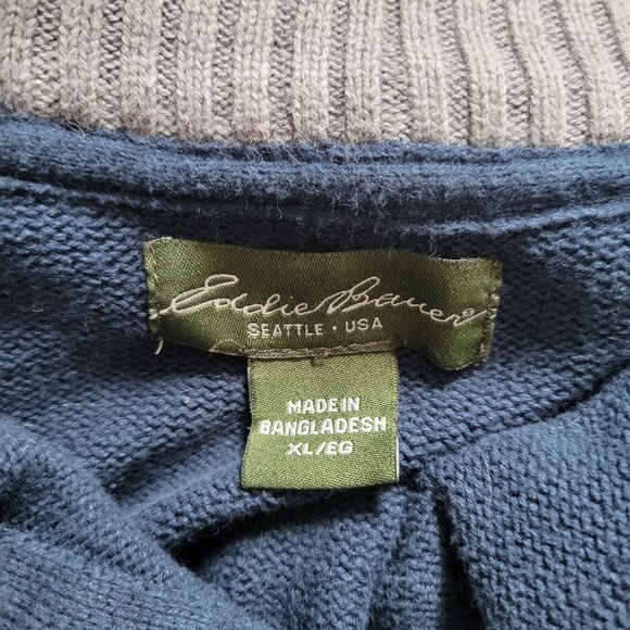 Eddie Bauer Mens XL Quarter-Zip Sweater Blue & Gray Stripes 100% Cotton - Picture 2 of 5